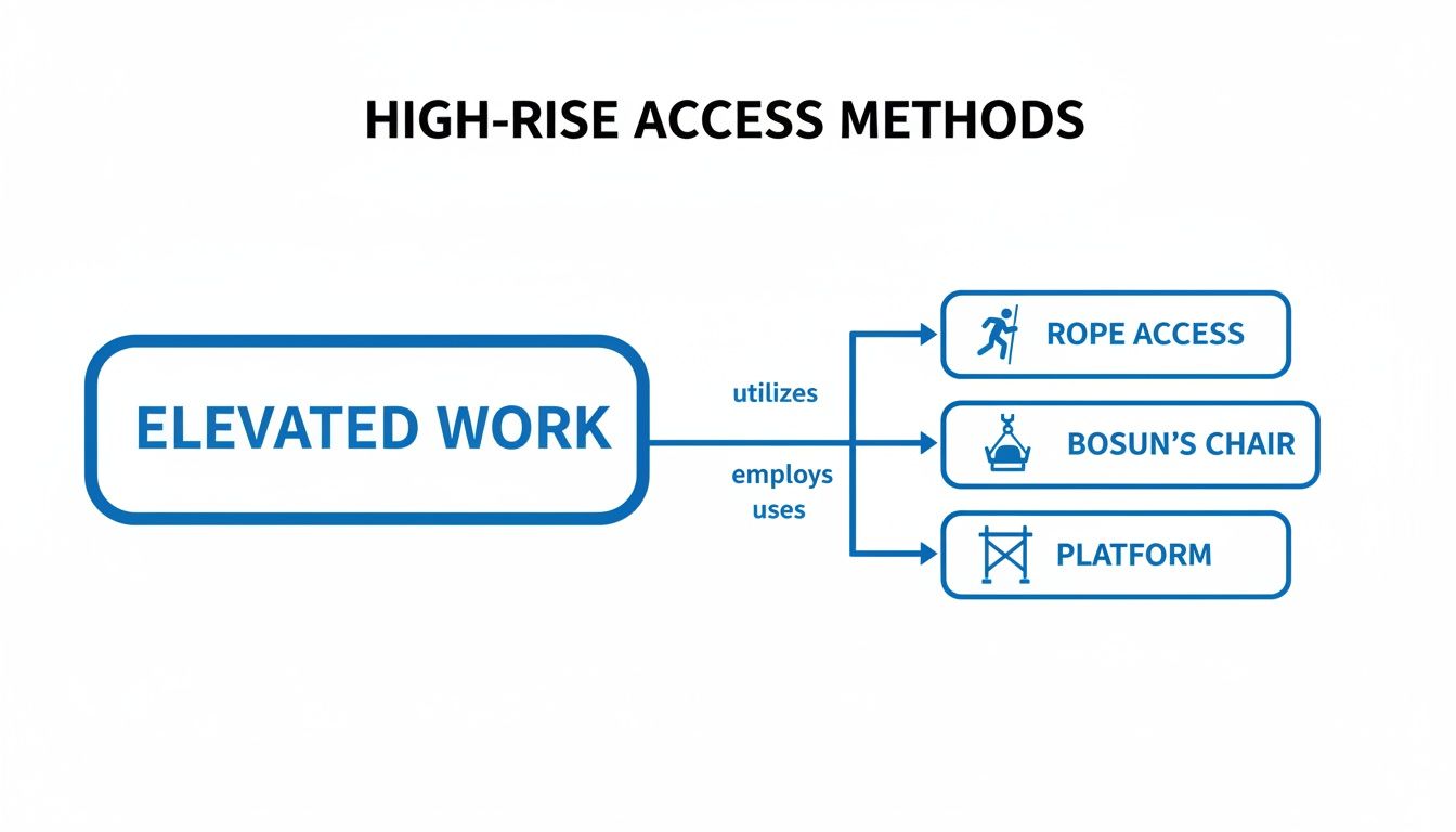 Diagram illustrating high-rise access methods for elevated work, including rope access, bosun's chair, and platform.
