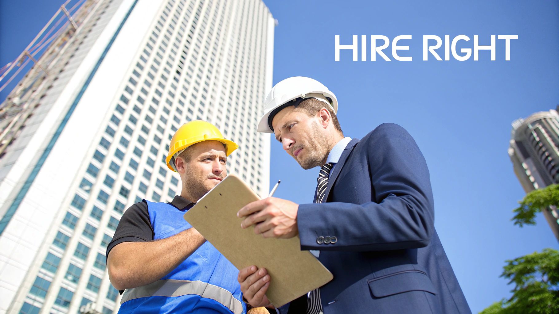 Two construction professionals in hard hats and vests discussing plans on a clipboard near high-rise buildings.