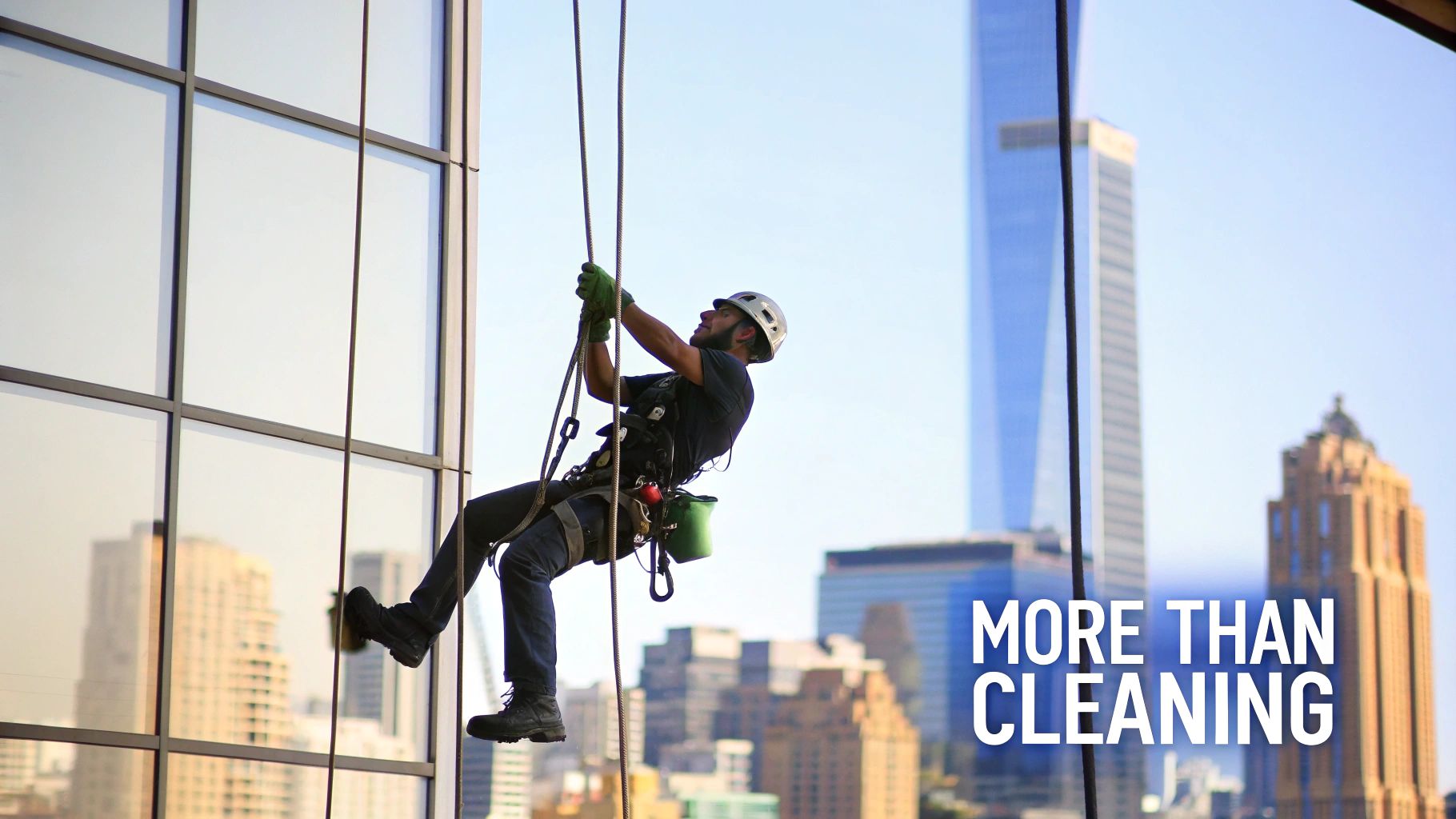 A professional window washer rappels down a modern skyscraper, cleaning windows with a city skyline.