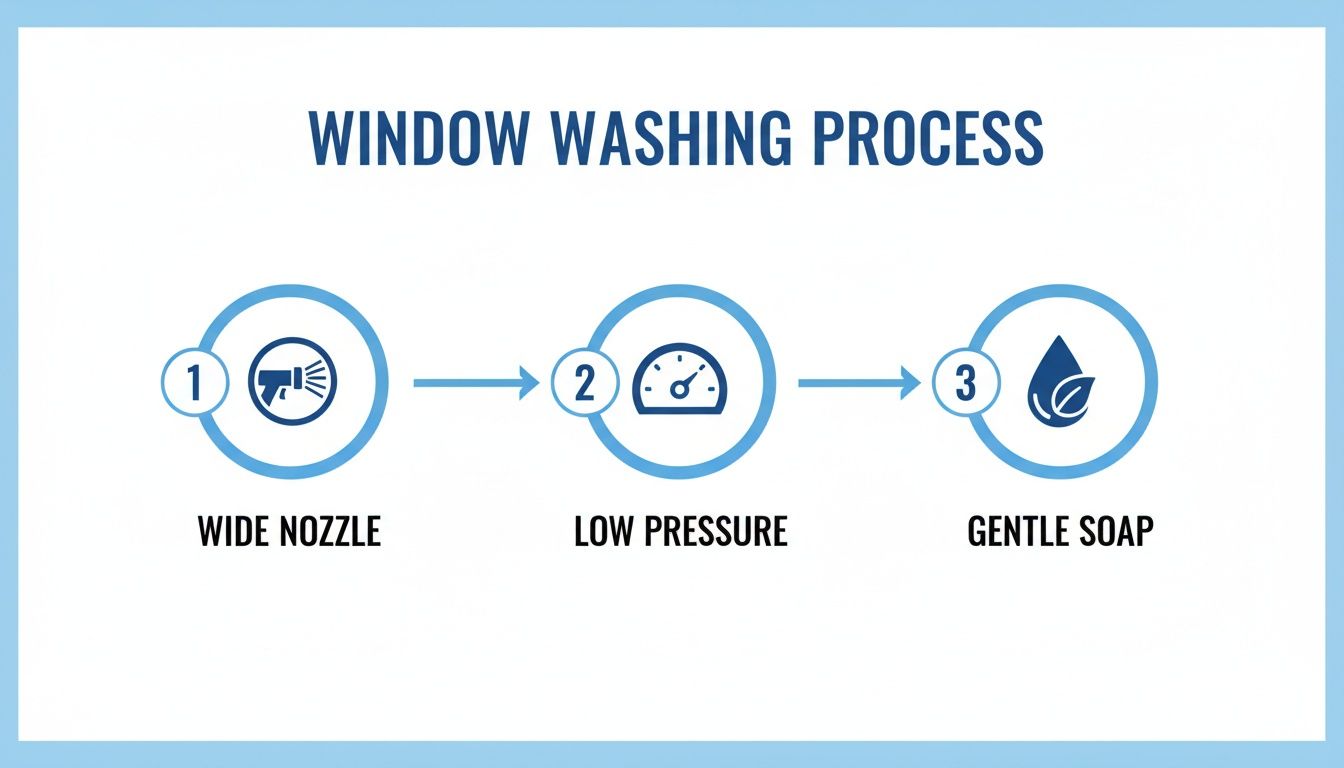 Infographic showing a 3-step window washing process with wide nozzle, low pressure, and gentle soap.