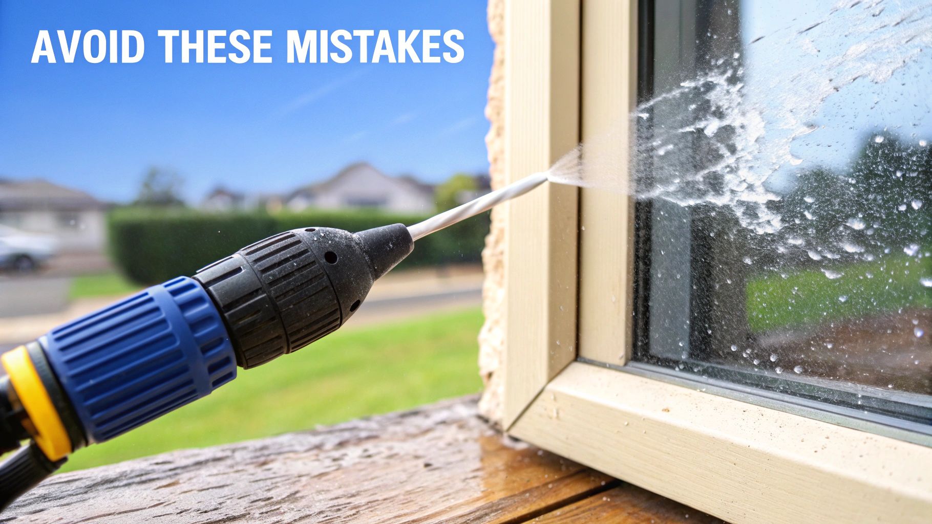 Close-up of a pressure washer spraying water directly onto a house window, demonstrating potential cleaning mistakes.
