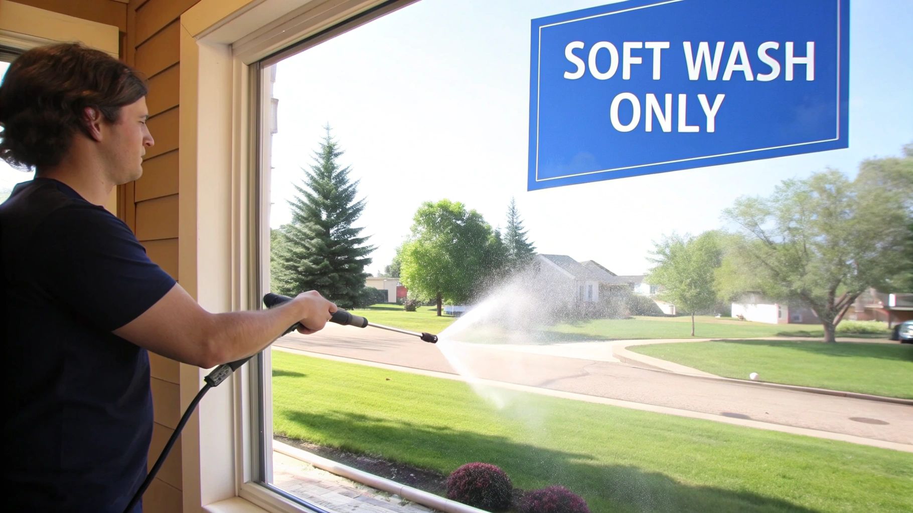 Man pressure washing a window from indoors, a soft wash only sign in the sky.