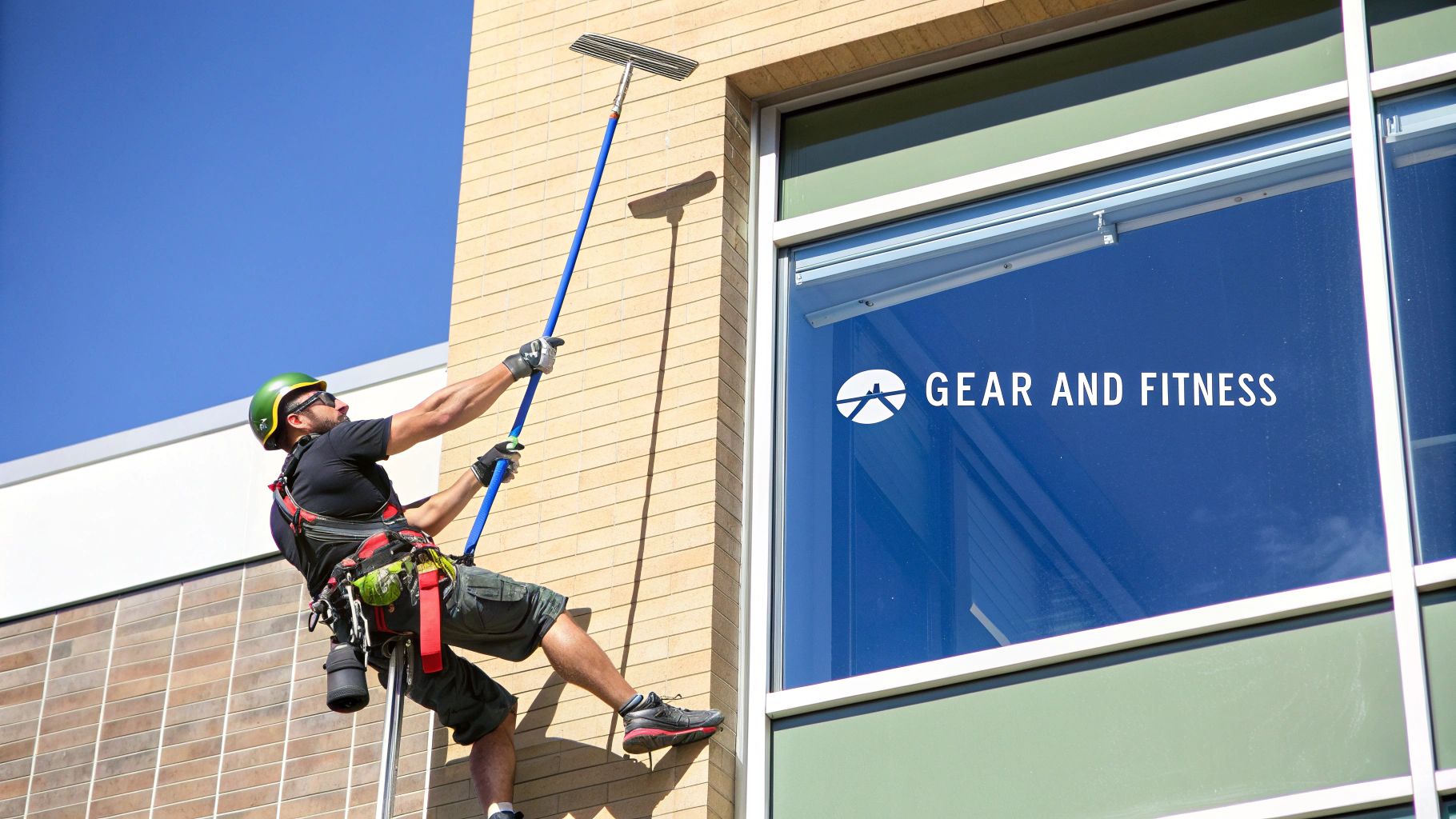 A professional window cleaner rappels down a tall building, washing its large windows with a long pole.