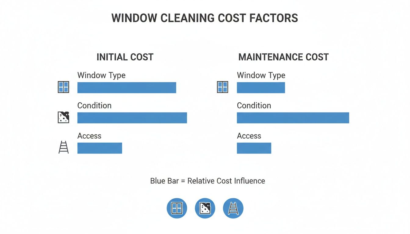 Bar chart illustrates window cleaning cost factors, comparing initial versus maintenance expenses influenced by window type, condition, and access.