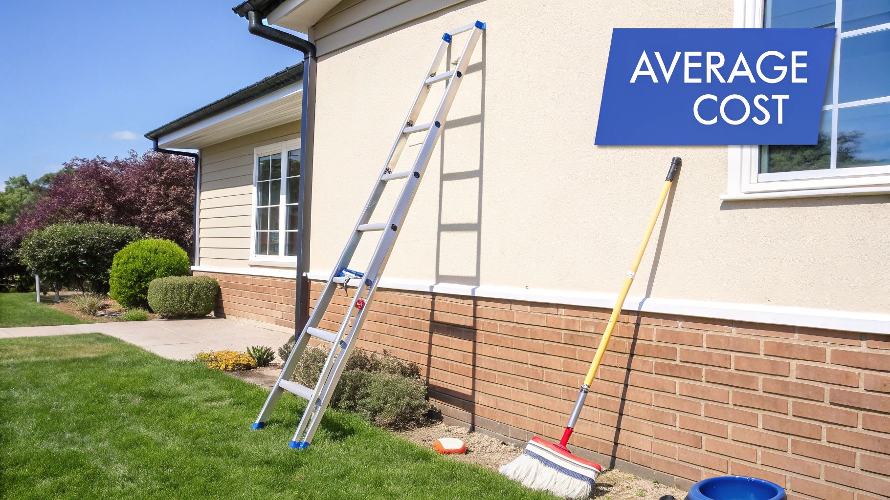 A ladder, broom, and cleaning supplies leaning against a house with an 'Average Cost' sign on the wall.