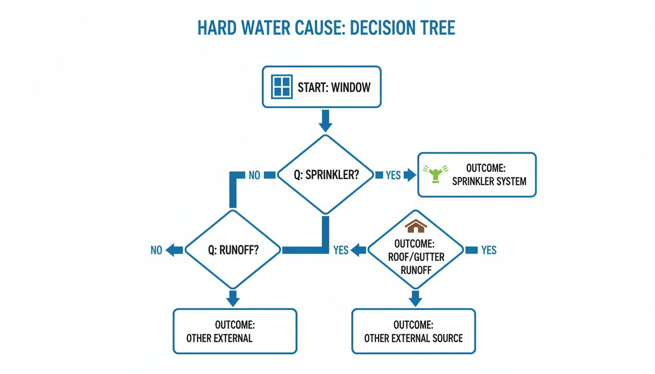 Decision tree flowchart illustrating potential external causes of hard water marks on windows.
