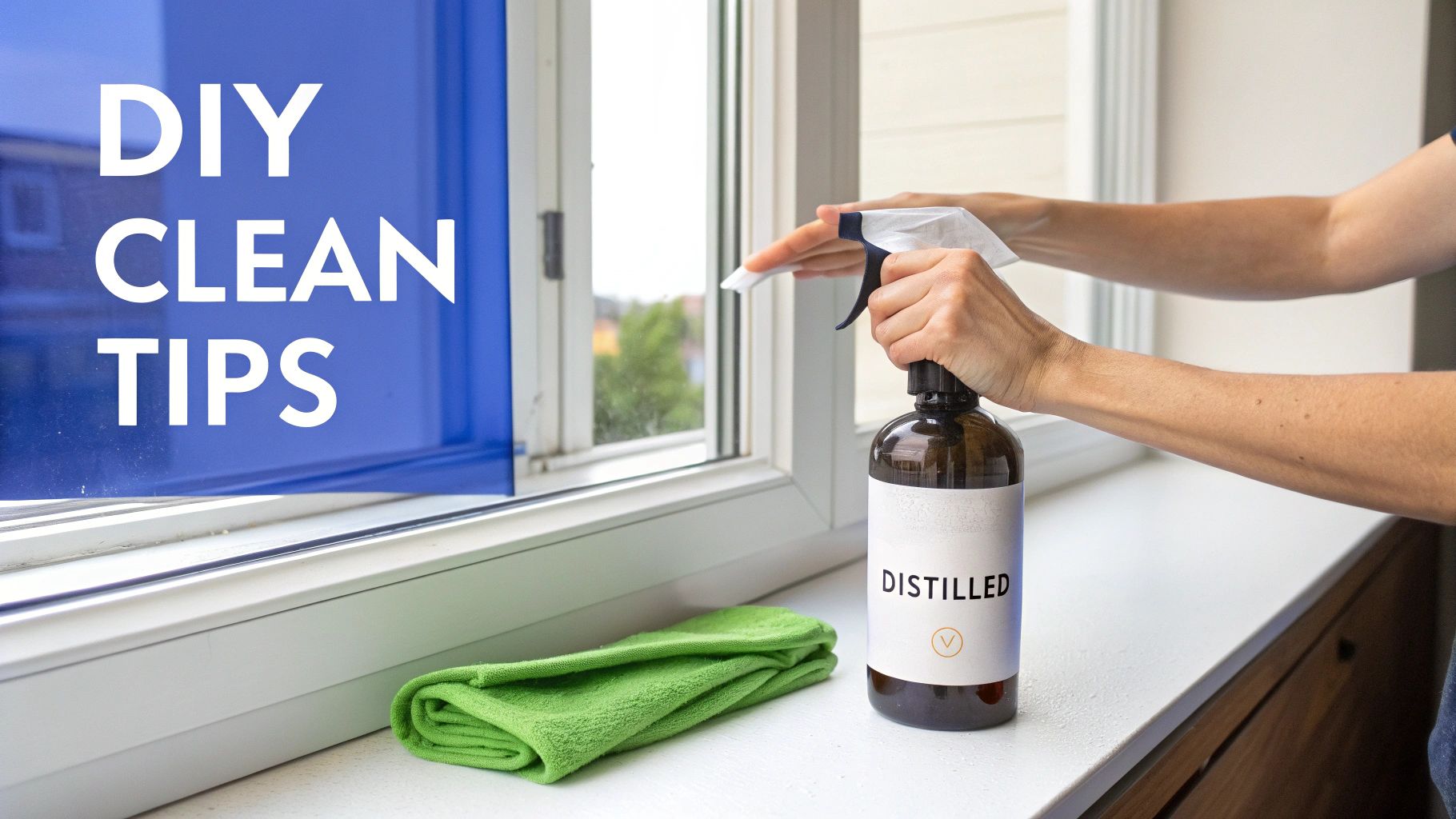 A person spraying a window with a DIY cleaner from a bottle labeled 'DISTILLED' with a green cloth nearby, featuring 'DIY CLEAN TIPS' text.