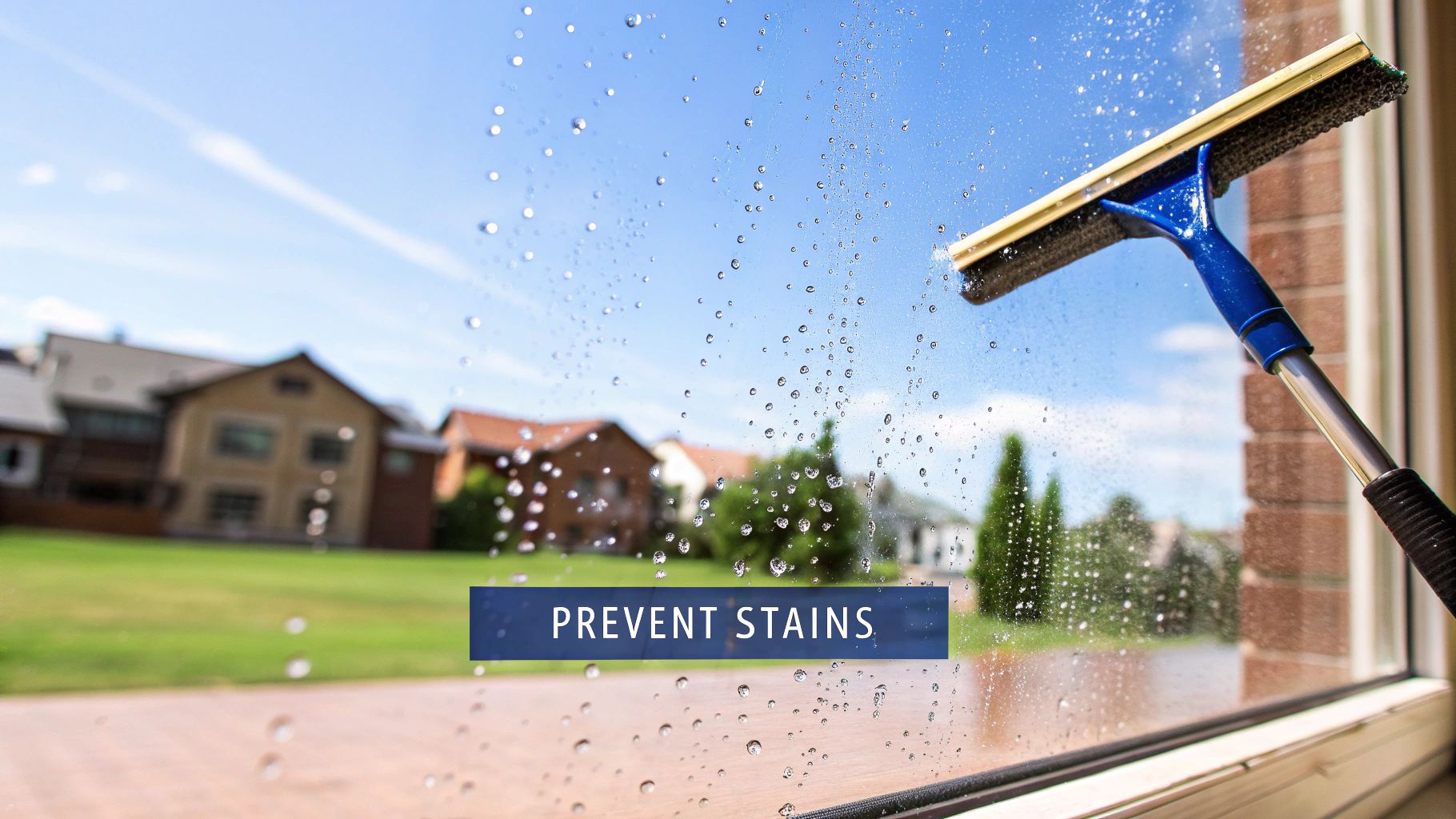 A hand uses a blue squeegee to clean a window covered in water droplets, with a blurred neighborhood background. The text "PREVENT STAINS" is displayed.