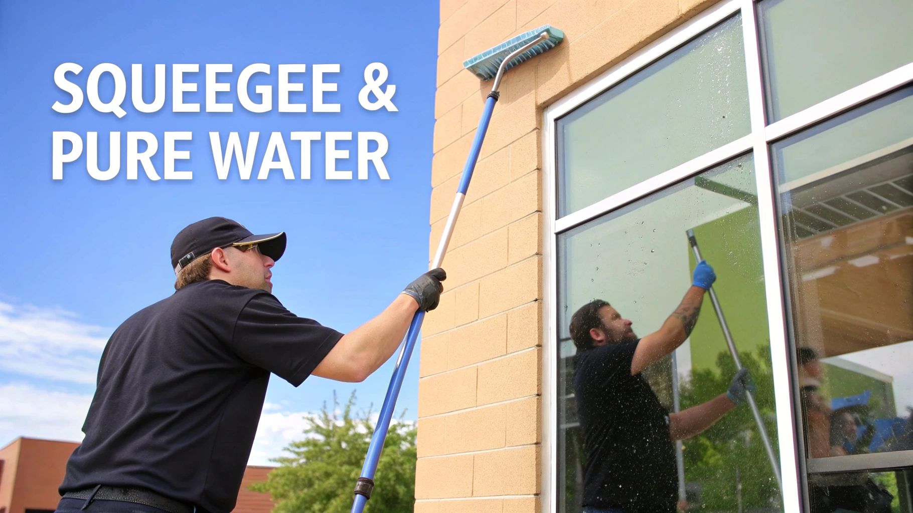 A professional window cleaner uses a long pole with a squeegee to clean building windows under a blue sky.