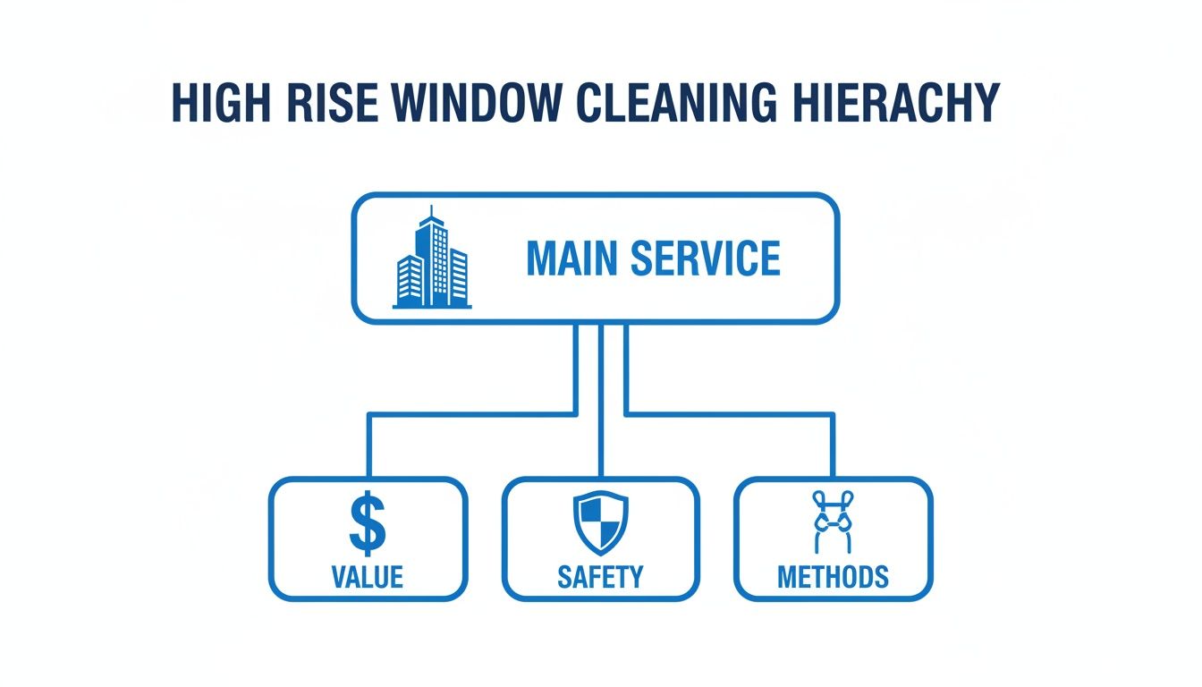 A blue diagram illustrating the hierarchy of high-rise window cleaning services, detailing main service, value, safety, and methods.
