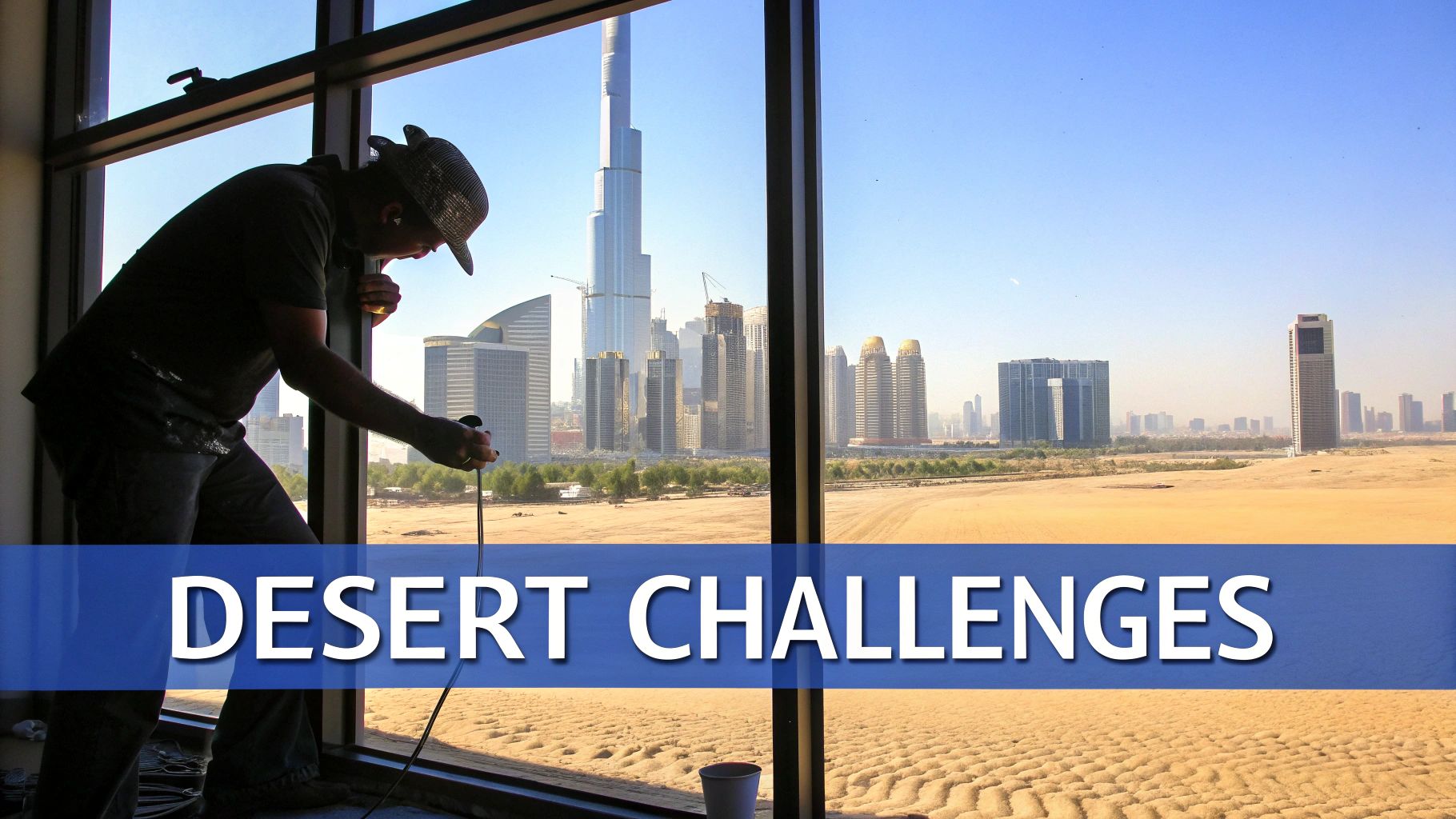 Silhouetted person looking out a large window at the Burj Khalifa and Dubai desert landscape.