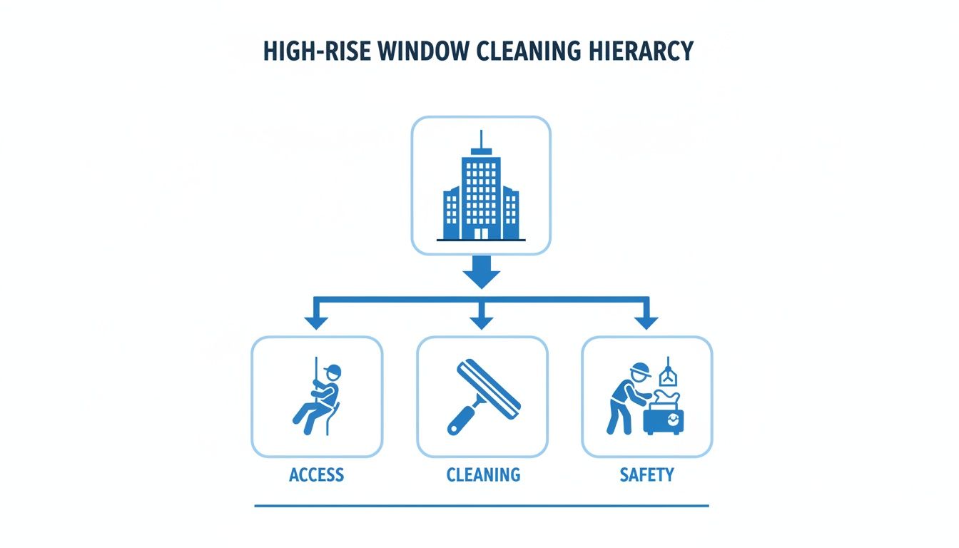 A hierarchy infographic illustrating high-rise window cleaning, showing key aspects: access, cleaning techniques, and safety procedures.