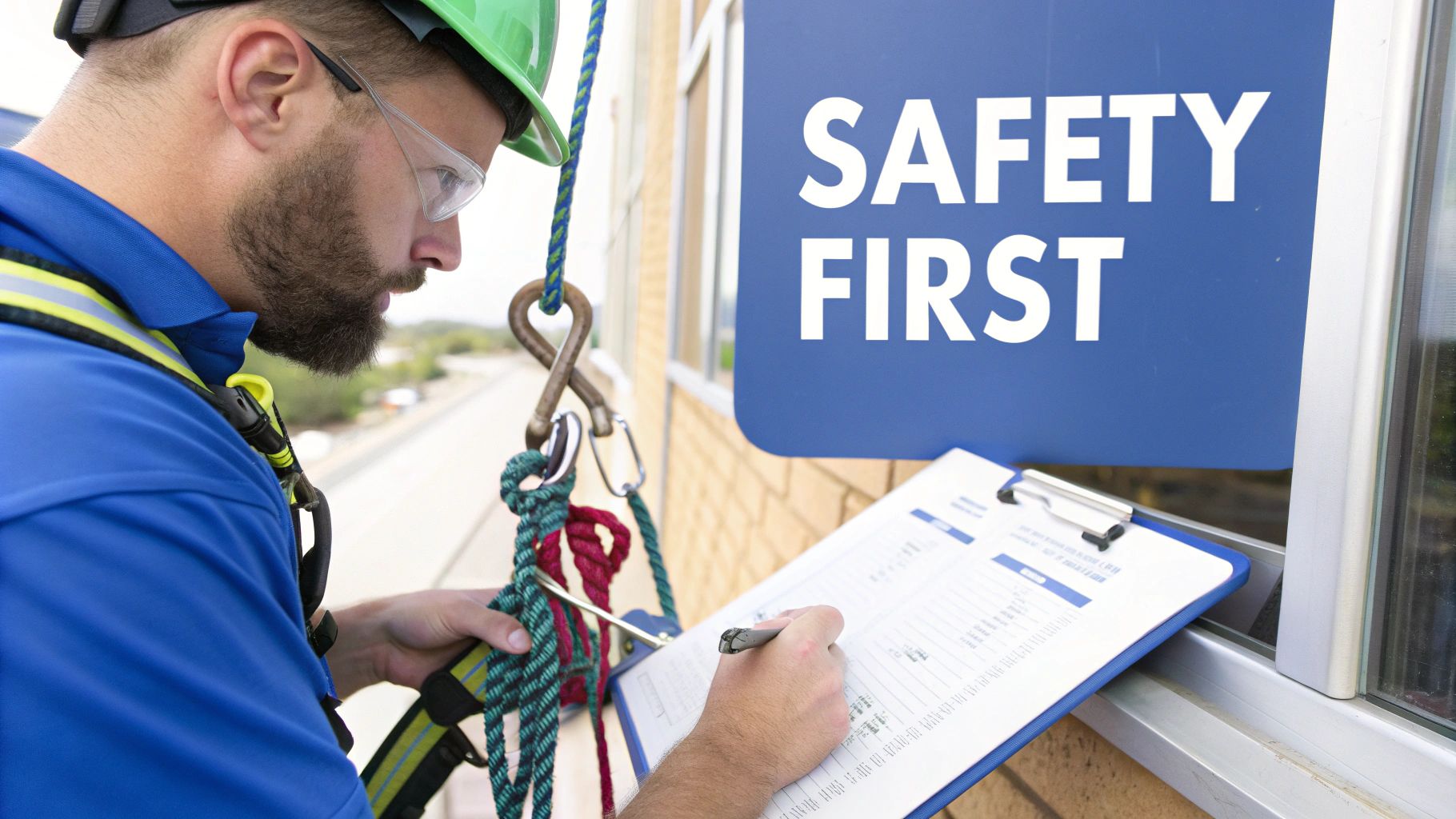 A man in safety gear inspecting a clipboard near a window with a 'Safety First' sign.
