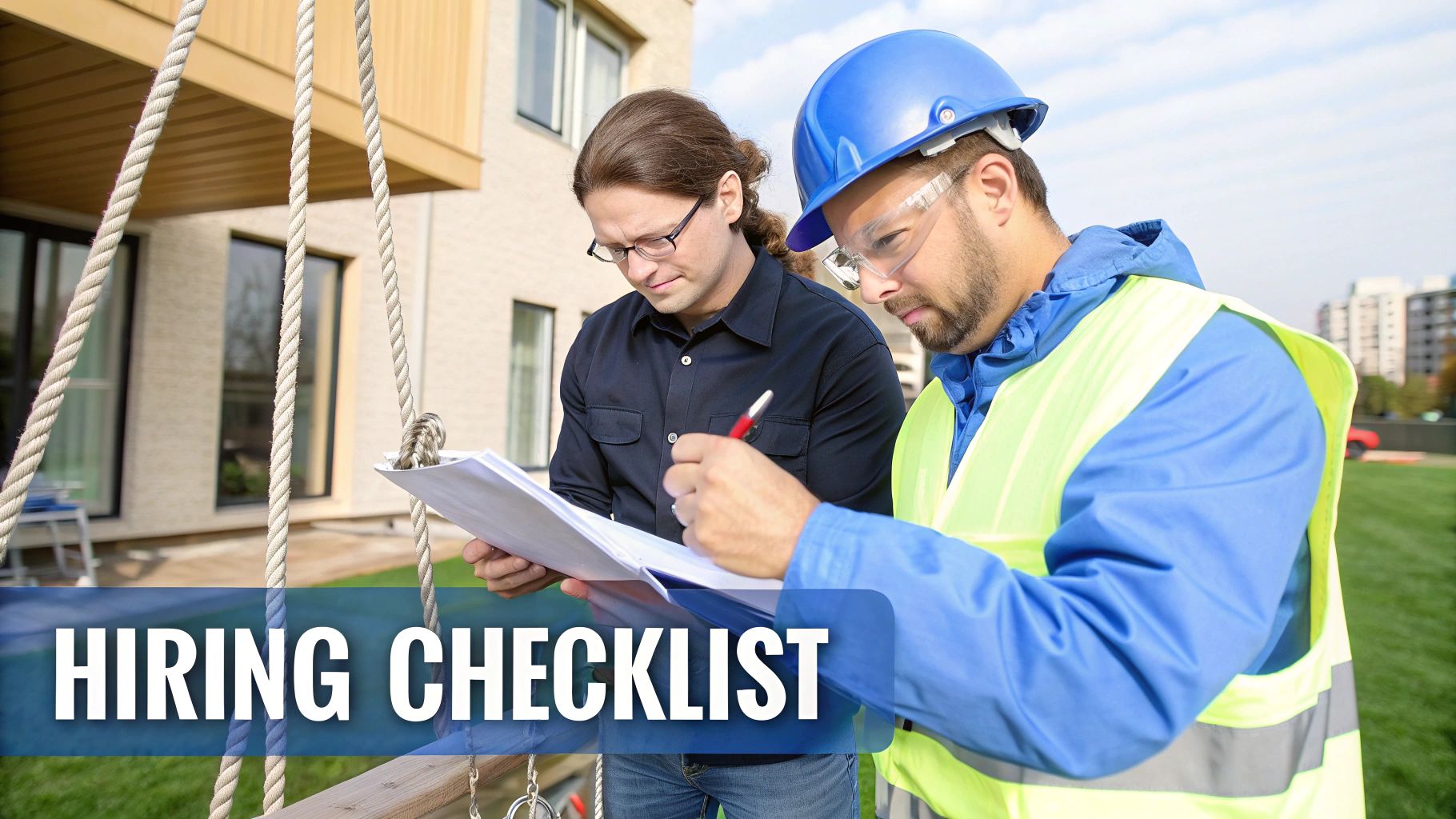 Two men, one in construction gear, reviewing a 'Hiring Checklist' document outdoors.