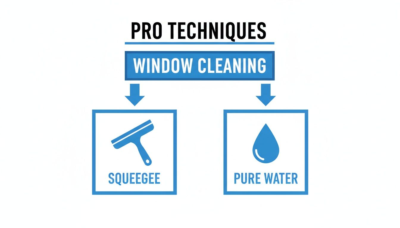A diagram outlining professional window cleaning techniques: using a squeegee and pure water.