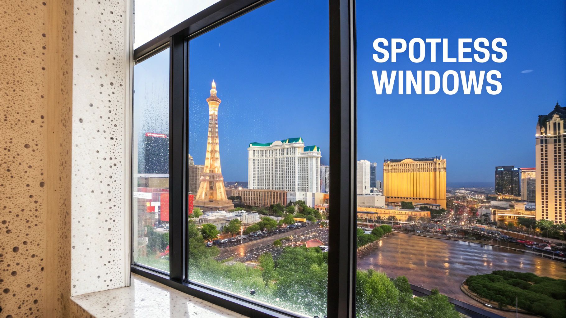 Las Vegas skyline view through sparkling windows, featuring the Eiffel Tower and famous hotels, with 'SPOTLESS WINDOWS' text.