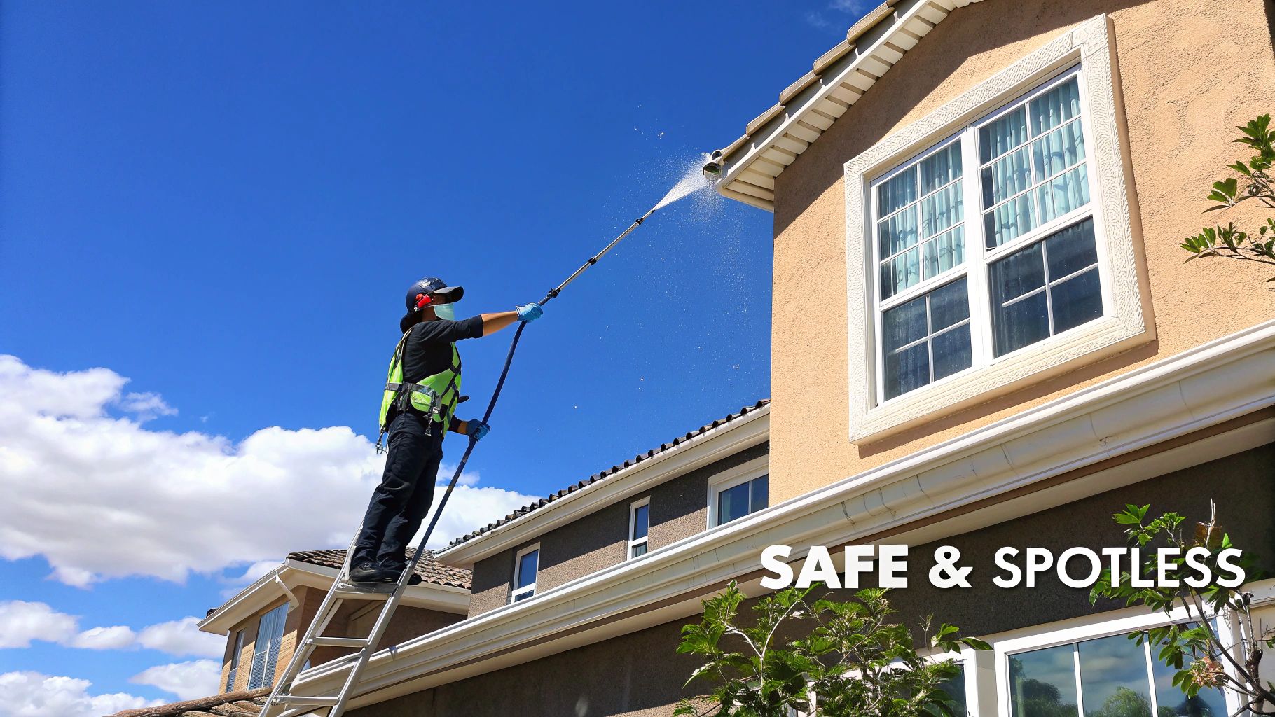 A person on a ladder safely pressure washing debris out of house gutters against a blue sky.