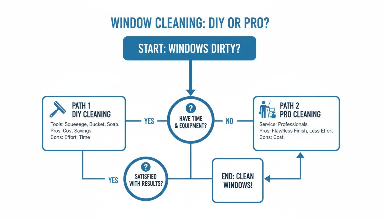 Flowchart comparing DIY versus professional window cleaning, outlining tools, pros, cons, and decision points.