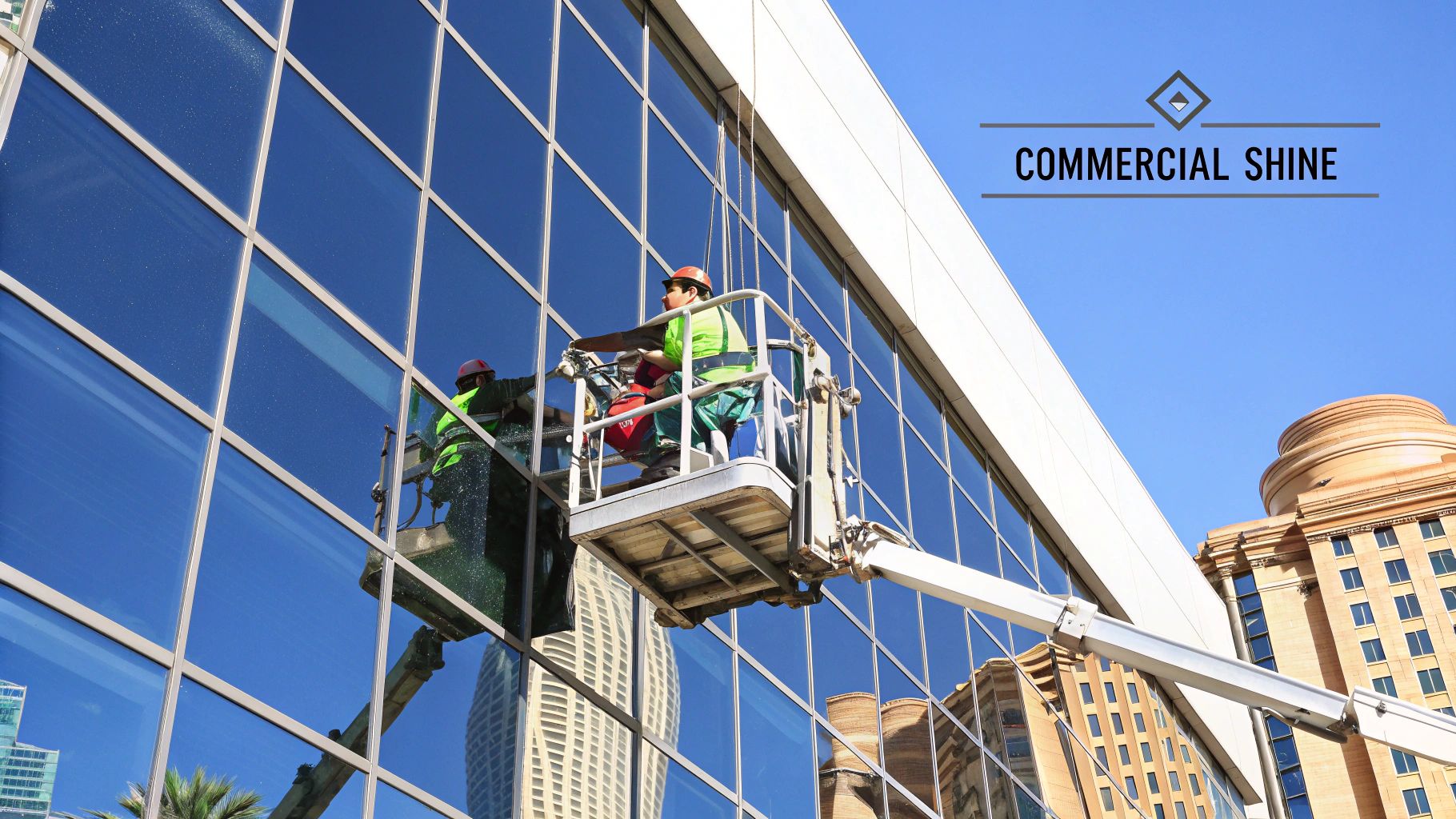 Two window cleaners in a boom lift washing reflective glass skyscraper windows under a clear blue sky.