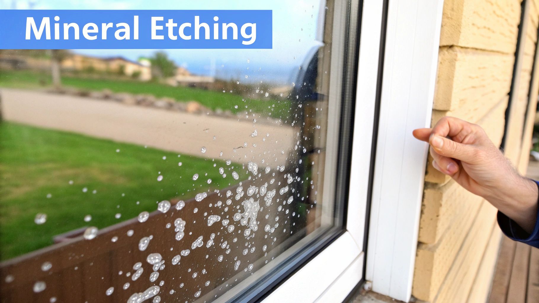 A close-up of a window with significant mineral etching and hard water spots on the glass, with a hand pointing.