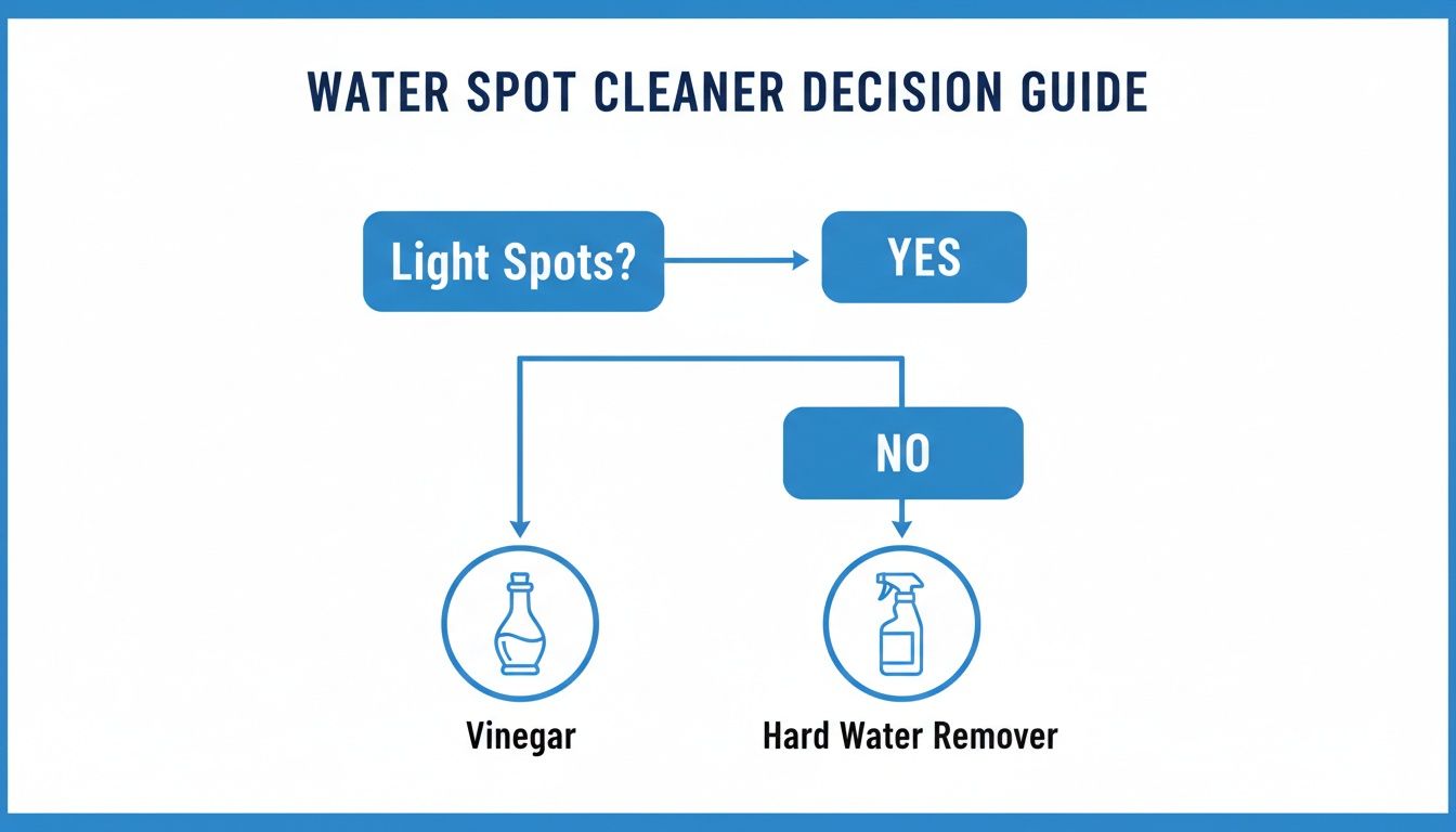 A water spot cleaner decision guide flowchart, recommending vinegar for light spots and hard water remover for heavier spots.