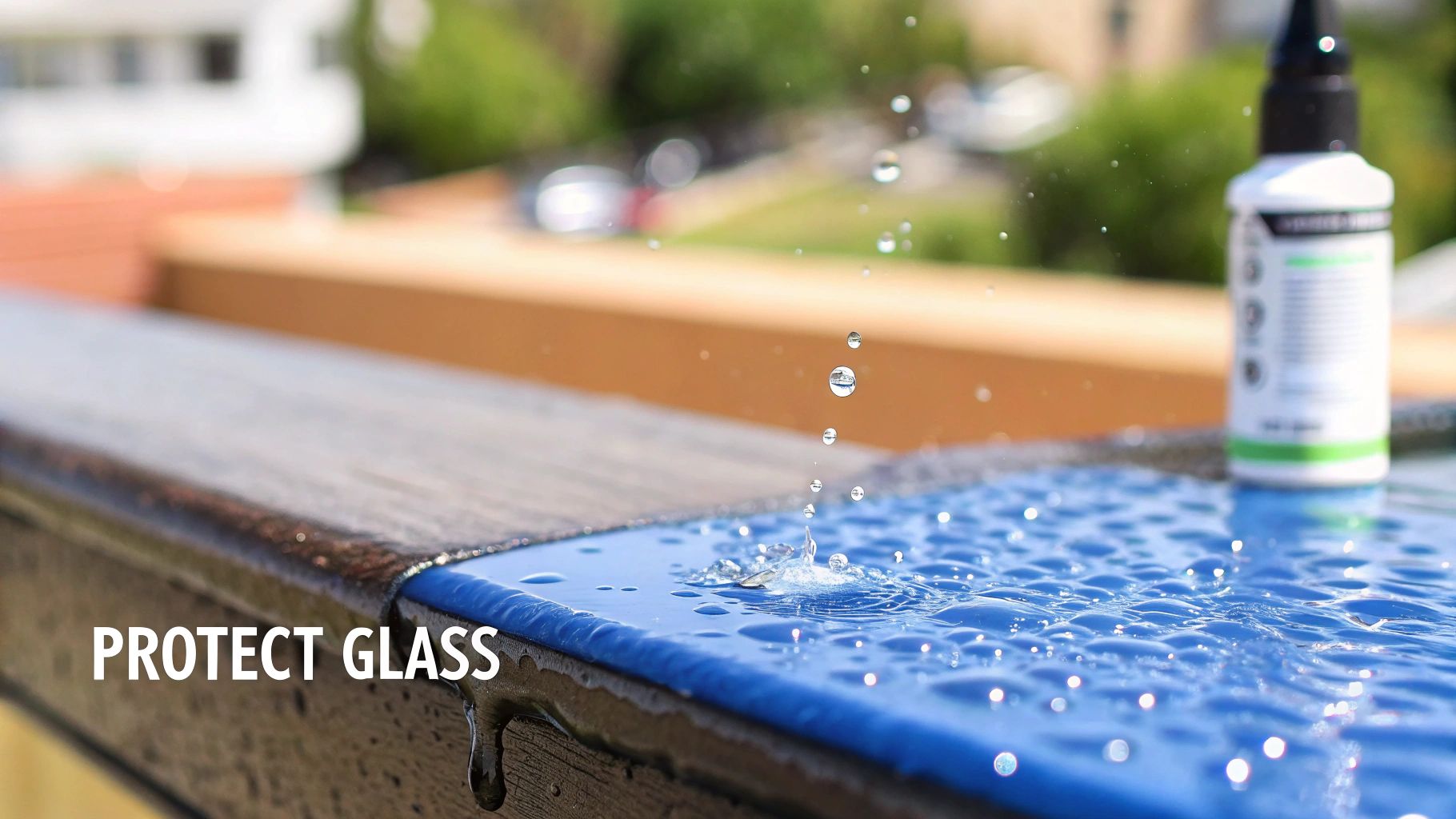 Close-up of water beading and dripping on a blue surface, illustrating glass protection with a product.