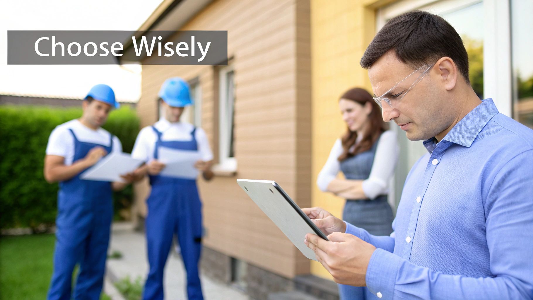A man reviews details on a tablet with two contractors and a woman by a house.