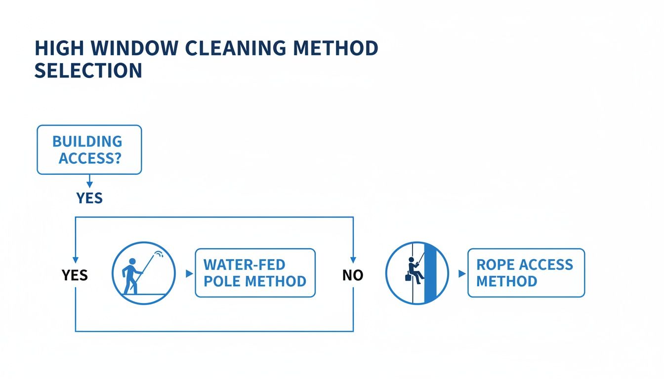 Flowchart illustrating the selection of high window cleaning methods based on building access, including water-fed pole and rope access techniques.
