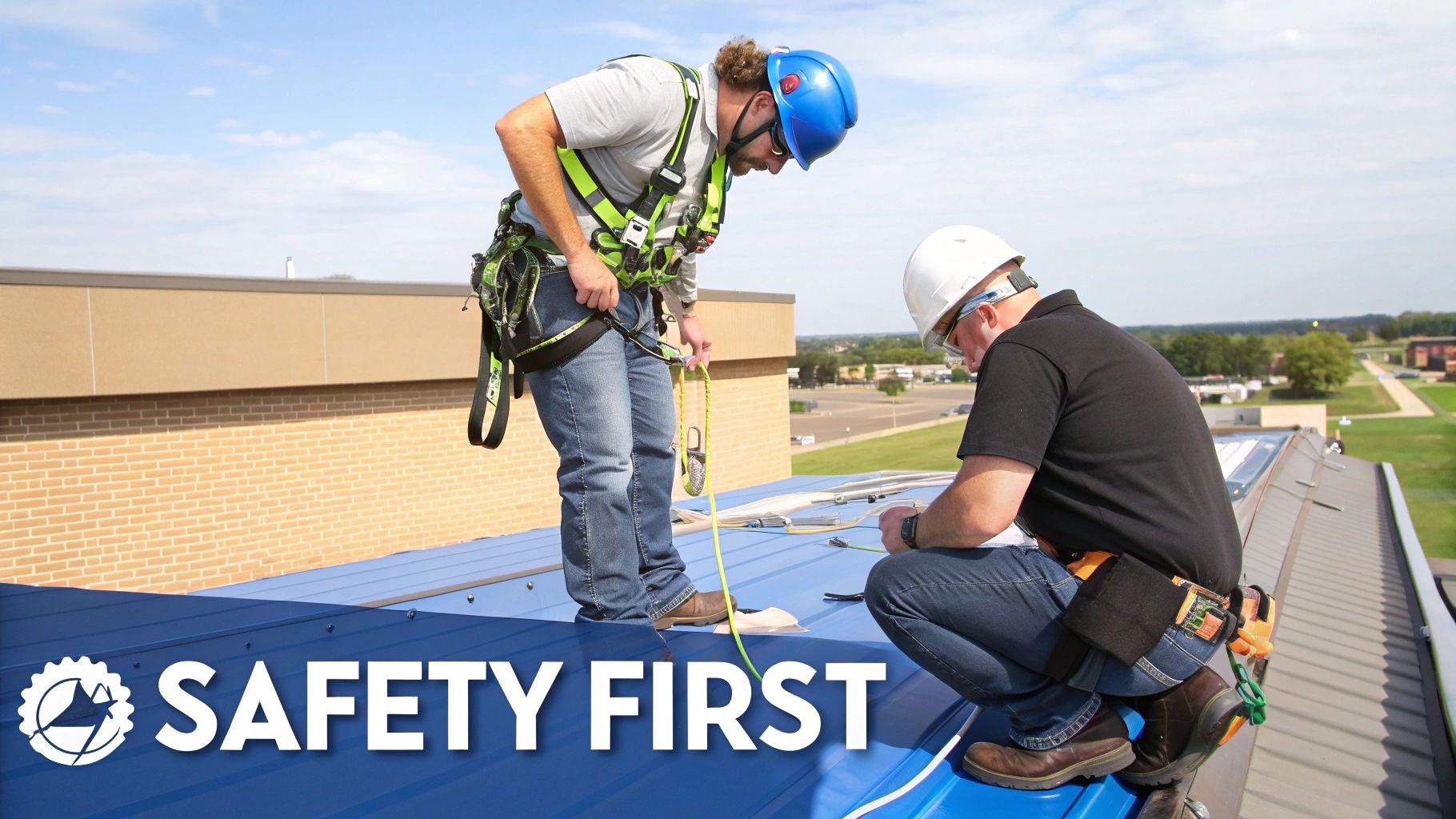Two construction workers on a blue metal roof, one standing, one crouching, with 'SAFETY FIRST' overlay.