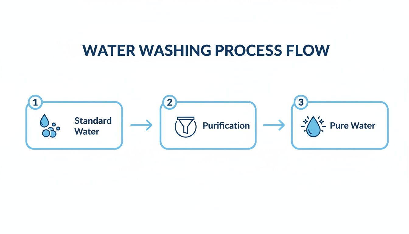 A flowchart illustrating the water washing process, showing standard water, purification, and pure water steps.