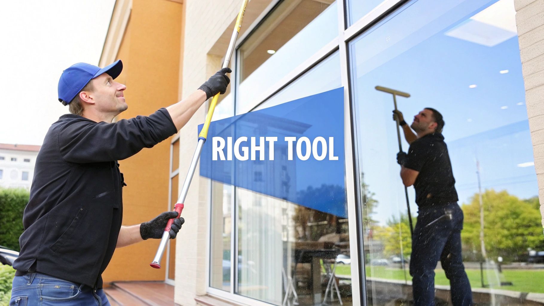 Two professional window cleaners using long poles to clean large glass windows on a building.