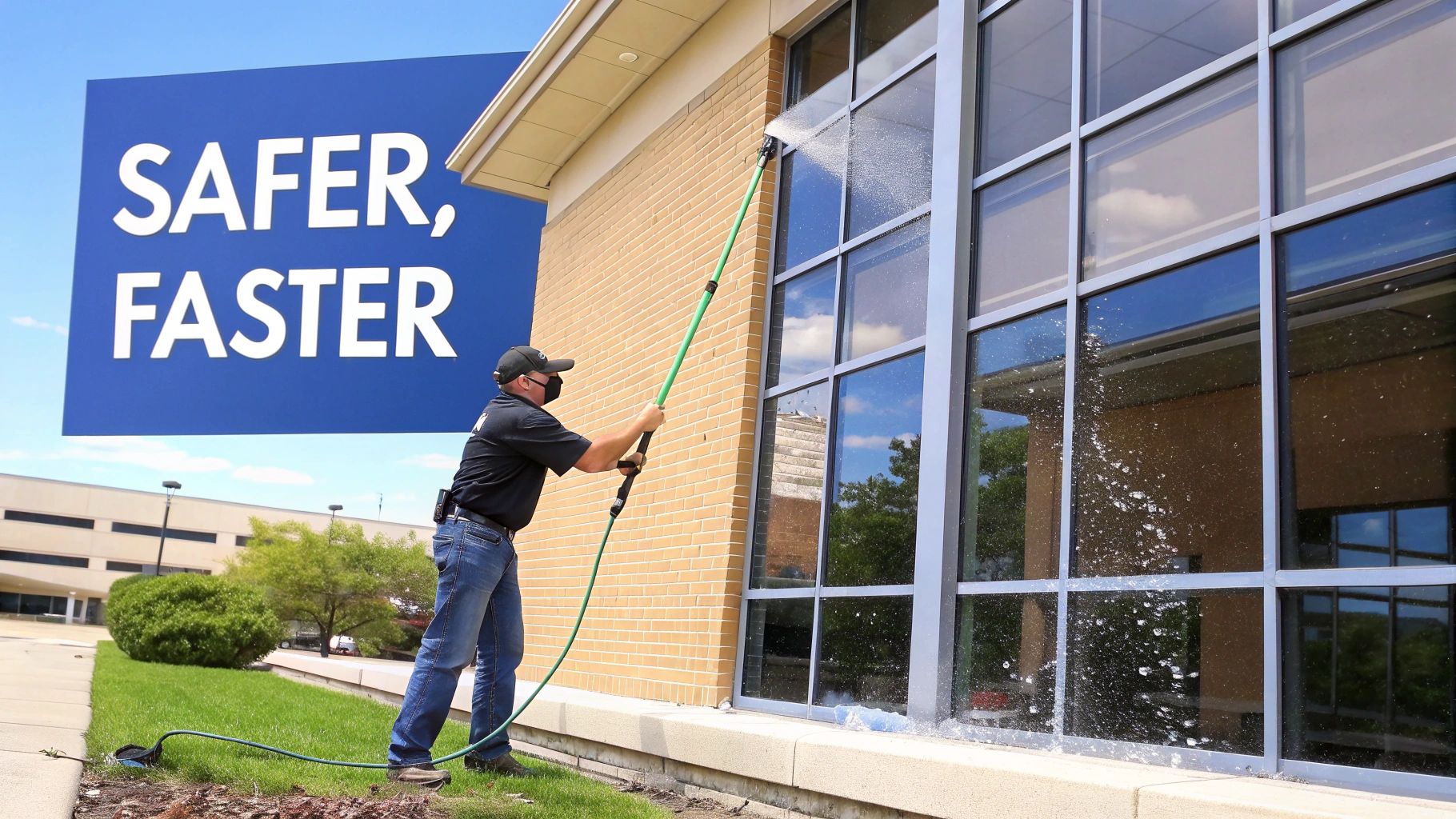 A man in a mask uses a long pole to spray water and clean large building windows.