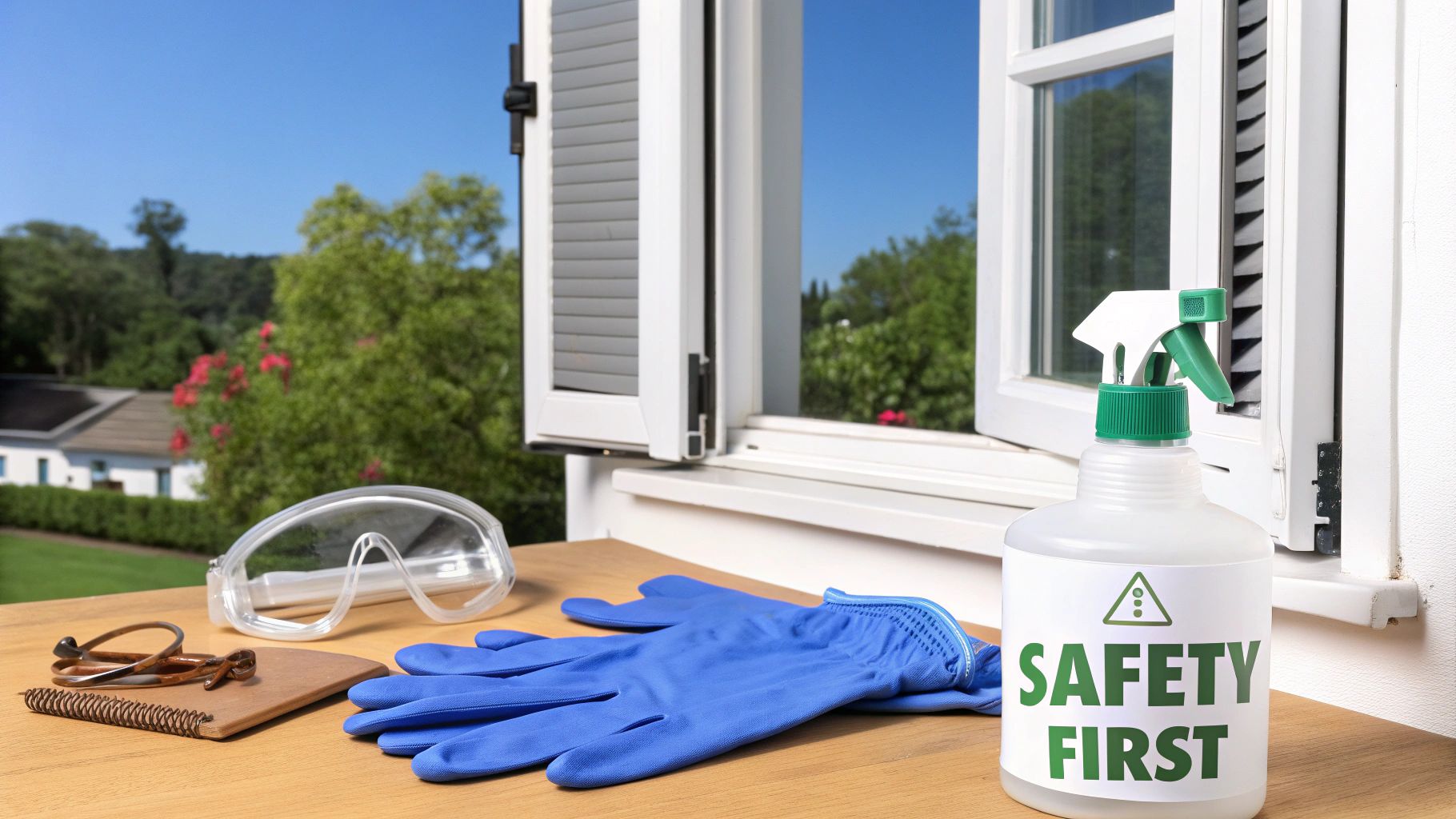 Safety first cleaning supplies including goggles, gloves, and spray bottle on a table by an open window.