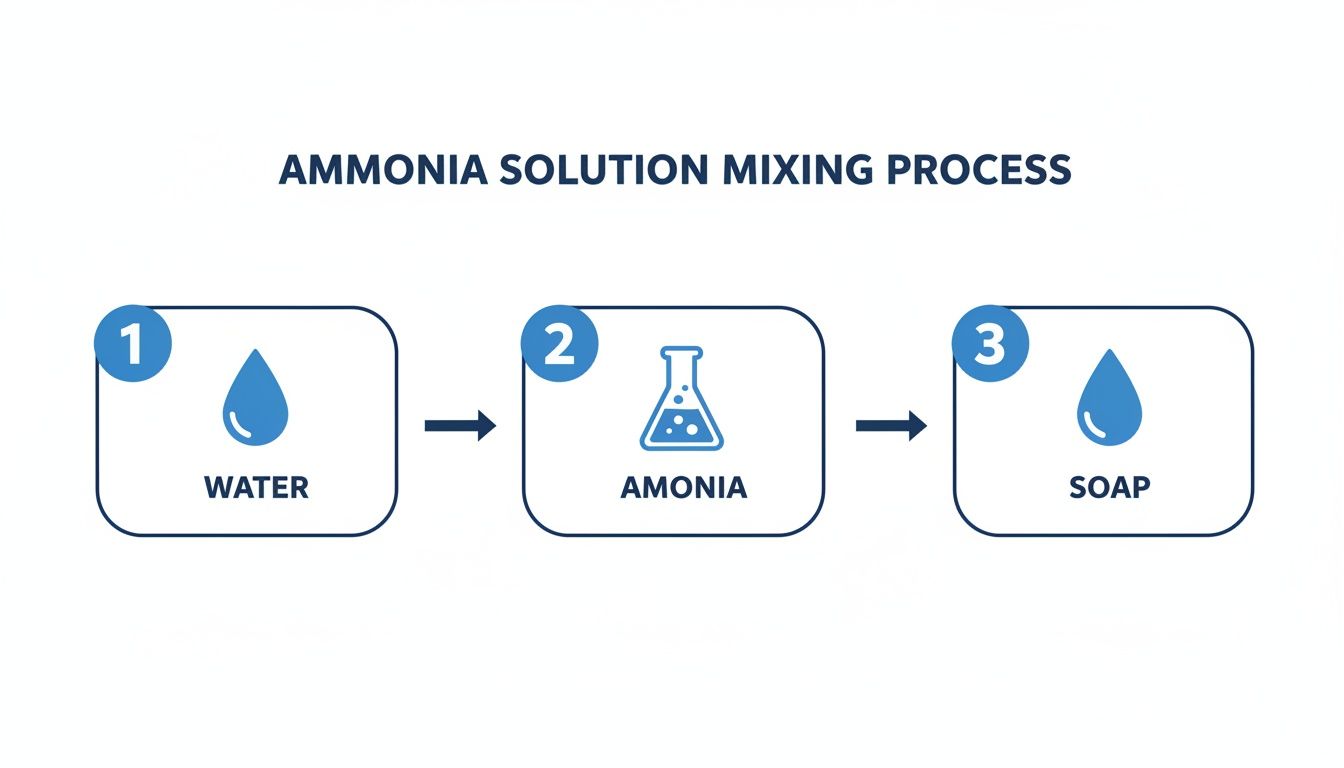 Diagram illustrating a three-step ammonia solution mixing process: water, ammonia, and soap.