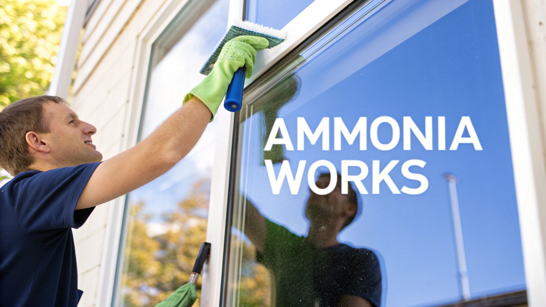 A man in green gloves actively scrubs a window that reads 'AMMONIA WORKS'.