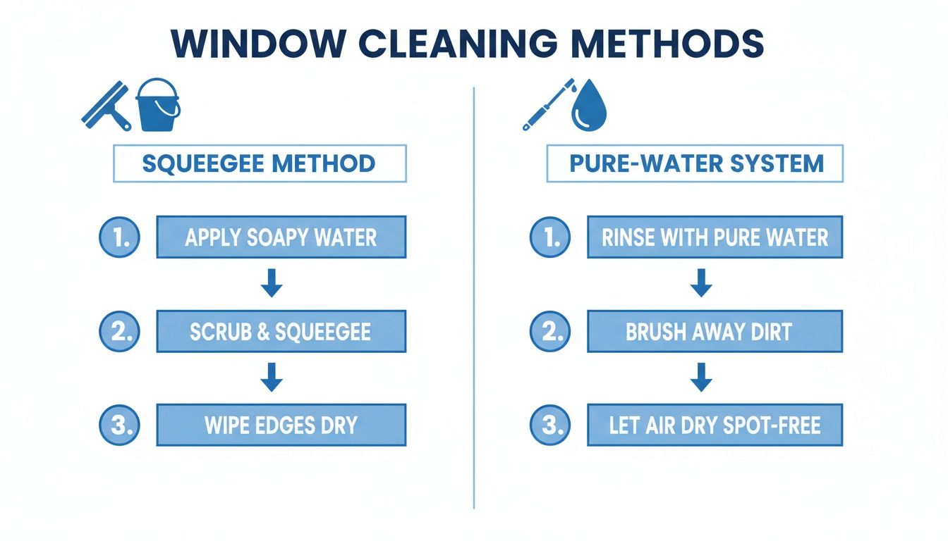 Infographic outlining two popular window cleaning methods: Squeegee and Pure-Water System, with step-by-step instructions.
