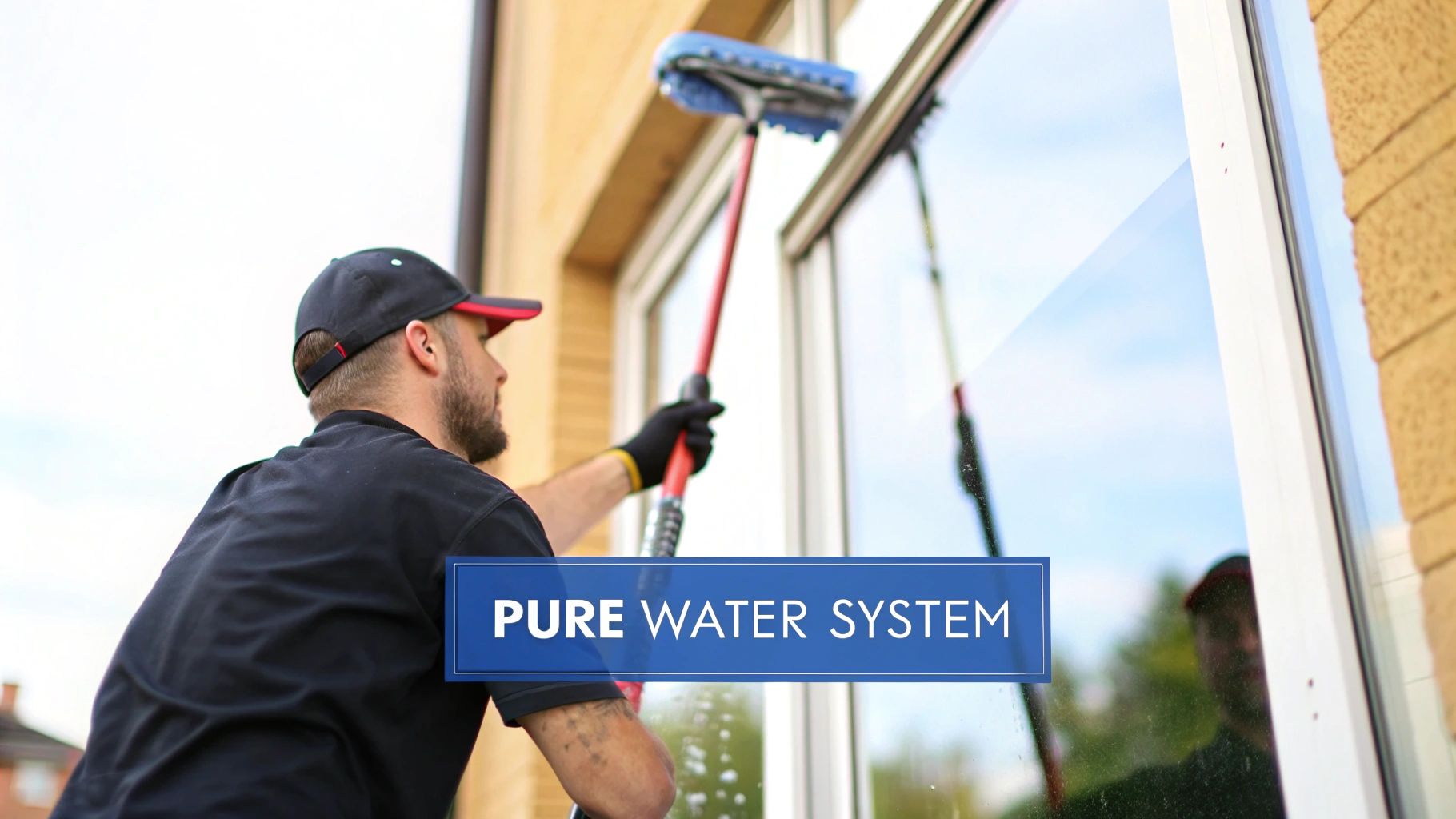 A professional window cleaner using a pure water system pole to clean a large outdoor window.