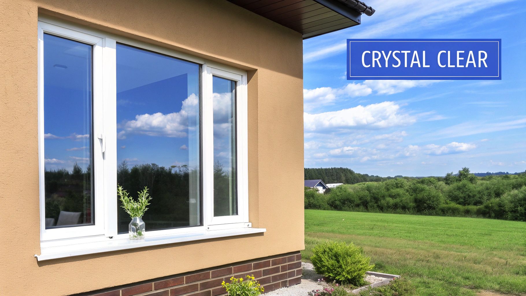 Crystal clear windows of a house reflecting the blue sky and white clouds, overlooking a green field.