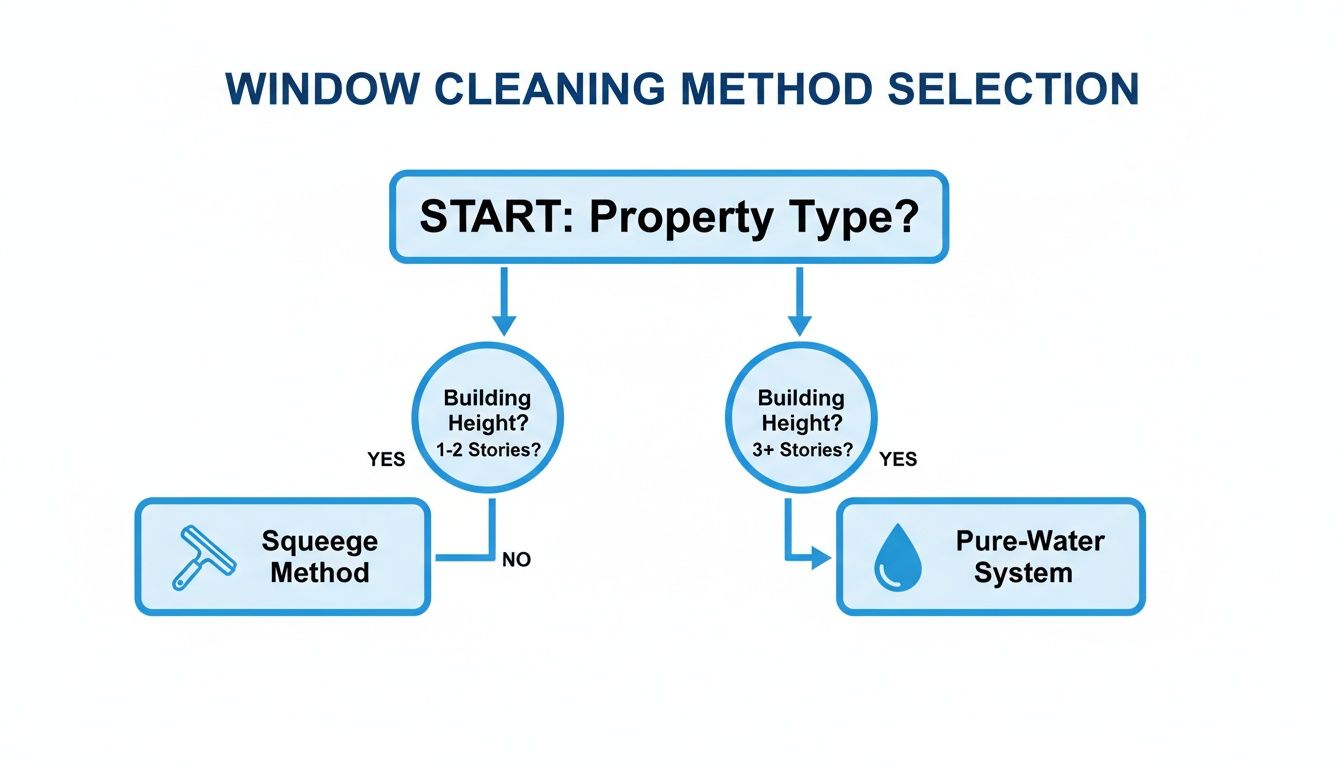 Flowchart illustrating window cleaning method selection based on building height for squeegee or pure-water systems.