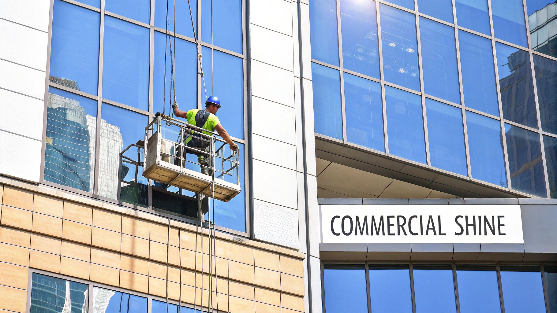 Professional window cleaner in safety gear on a suspended platform washing a modern high-rise building facade.