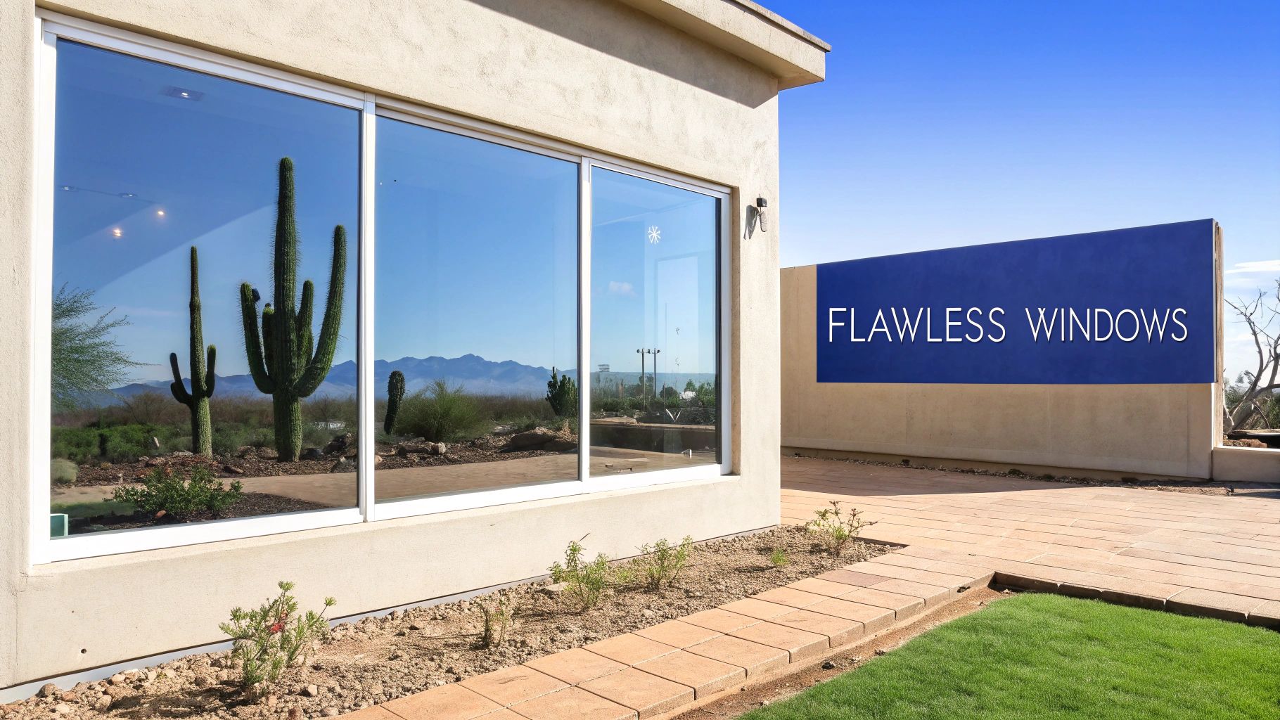 A modern building with pristine windows reflecting saguaro cacti, desert mountains, and a 'FLAWLESS WINDOWS' sign.