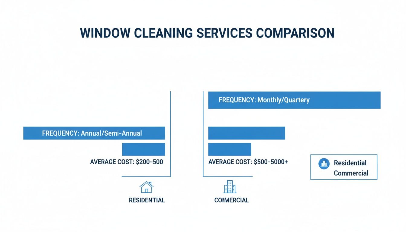 Infographic comparing residential and commercial window cleaning services, their frequencies and average costs.