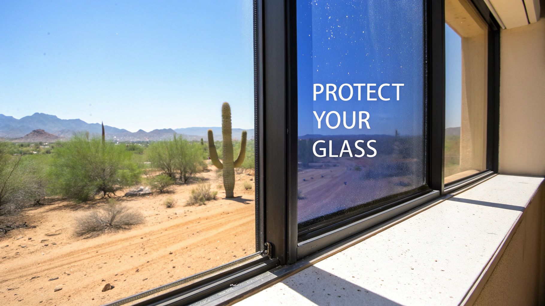 Window with blue tinted glass displaying 'PROTECT YOUR GLASS' overlooking a desert landscape.
