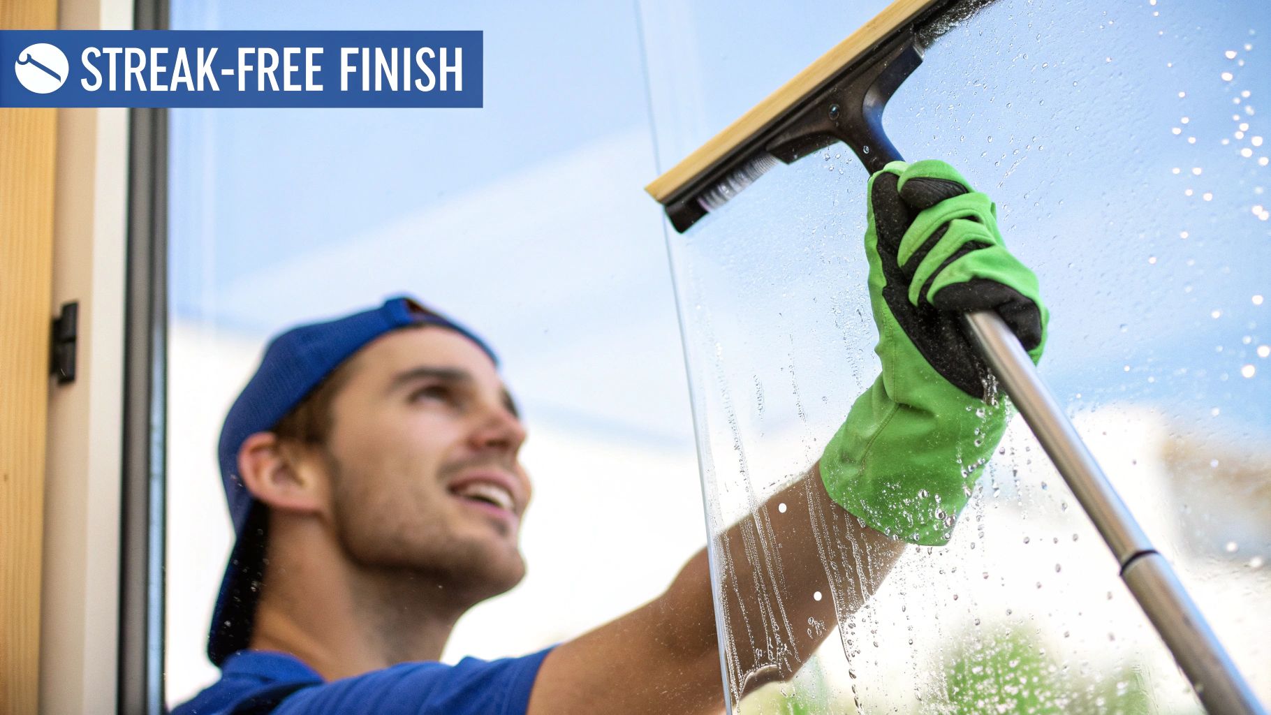 A man in a blue cap and green glove smiling while squeegeeing a wet window for a streak-free finish.