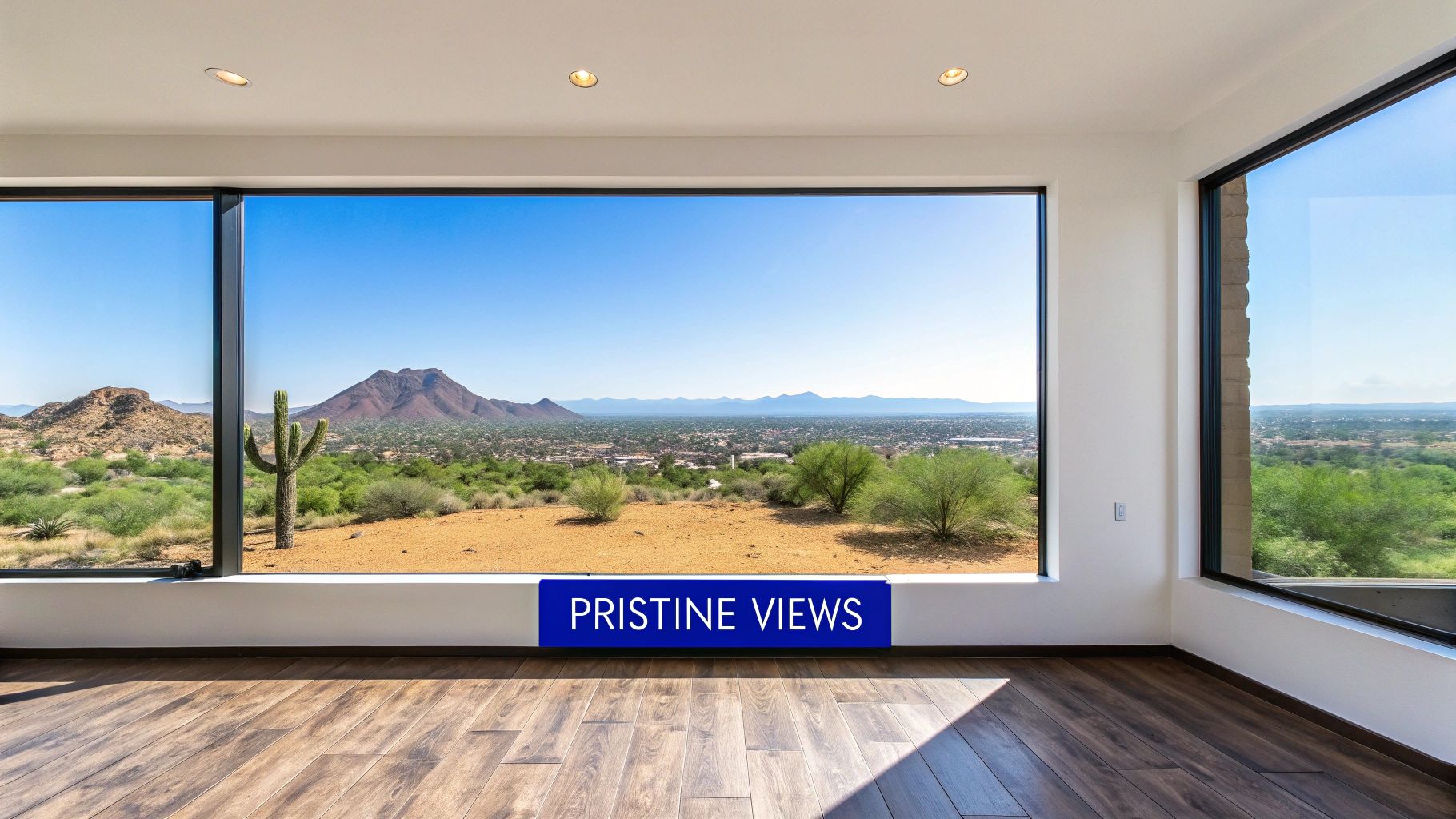 Stunning desert and city views from a modern room with expansive windows and wood floors.
