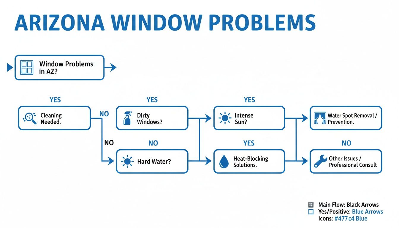 A flowchart detailing solutions for common Arizona window problems, including cleaning, water spots, and heat blocking.