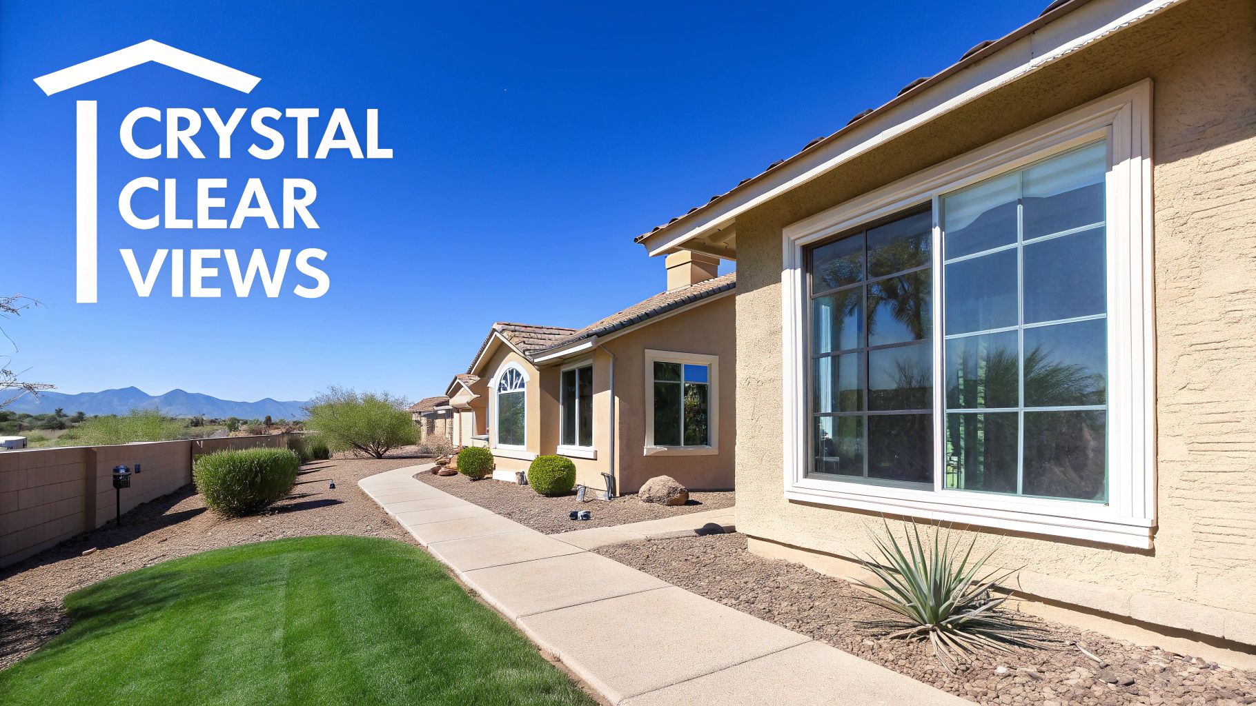 A house with clean, large windows reflecting a clear blue sky, a green lawn, and distant mountains.