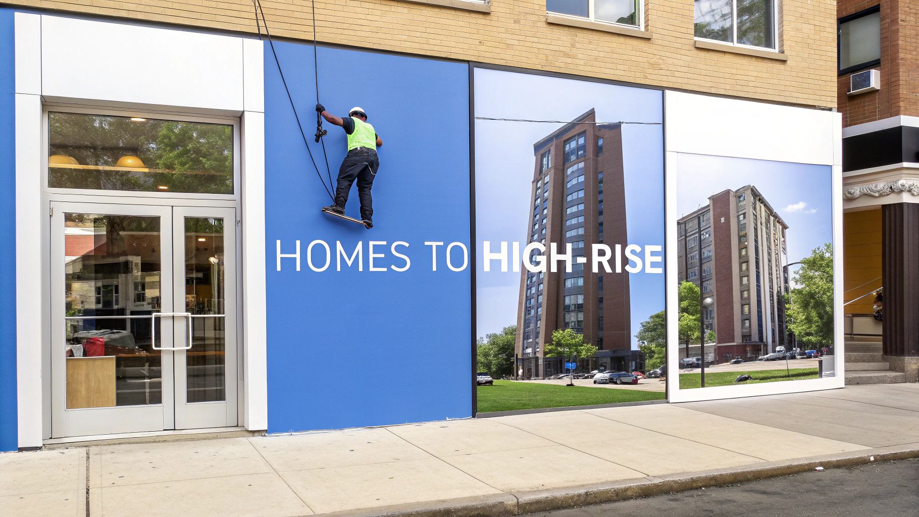 A worker suspended on ropes cleans a large blue building facade with text 'HOMES TO HIGH-RISE' and images of tall buildings.
