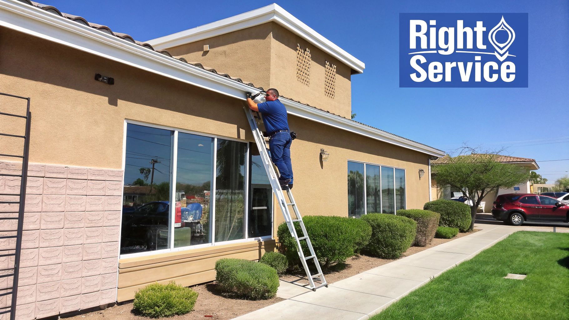 A professional on a ladder performing exterior cleaning services on a commercial building in Phoenix.