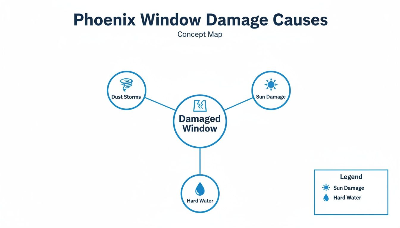 A concept map illustrating the causes of window damage in Phoenix, including dust storms, sun damage, and hard water.